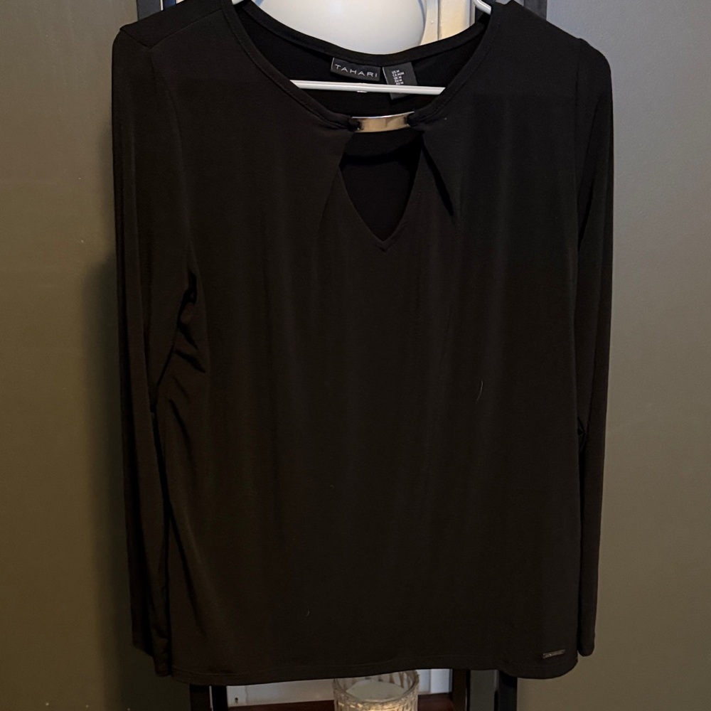 Tahari Black Long Sleeve Top with Keyhole